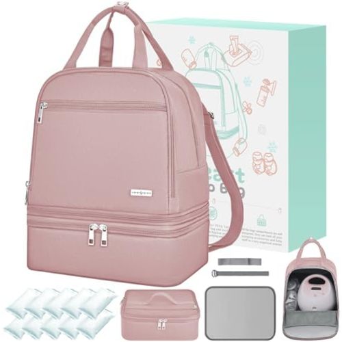 Breast Pump Bag with Insulated Cooler, Double-Layer Pumping Bag for Work & Travel, Fits Most Electric Breast Pumps, Includes 10 Ice Packs & Waterproof Mat, Detachable Bottle Cooler Tote, Pink