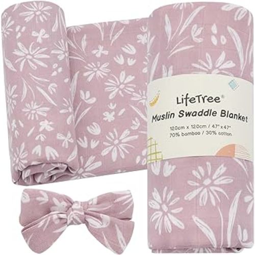 LifeTree Baby Swaddle Blanket and Bow Set, Mauve Floral Muslin Newborn Swaddle Set with Matching Headband Bow, Infant Receiving Blanket Wrap, 47 x 47 inches, 70% Viscose from Bamboo and 30% Cotton