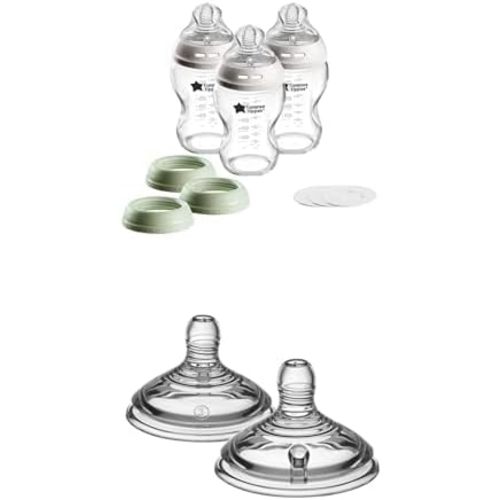 Tommee Tippee Natural Start 9 oz Glass Baby Bottles, 0+ Months, Slow Flow Nipple, Travel Jar Lids, Cup Rings, Pack of 3 + Tommee TippeeNipples, Anti-Colic Valve, Extra Slow Flow, 0+ Months, Pack of 2