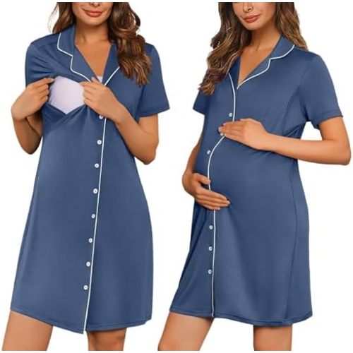Ekouaer Button Down Nursing Nightgown V Neck Breastfeeding Dress Short Sleeve Classic Maternity Pajamas