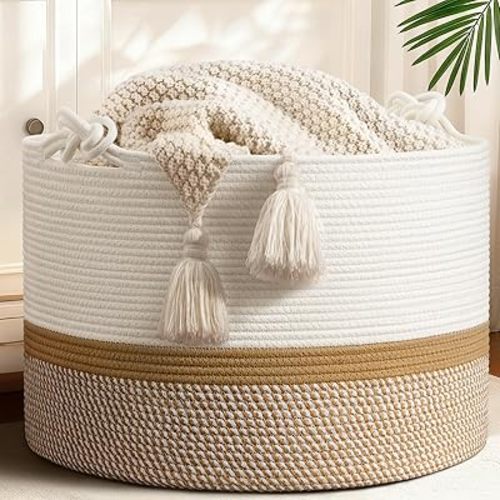 CherryNow 22"x22"x14" Large Blanket Basket, Home Décor for Living Room Bedroom, Cotton Rope Laundry Basket for Clothes Pillows, Baby Fall Decorations for Home Toy Storage, White & Camel