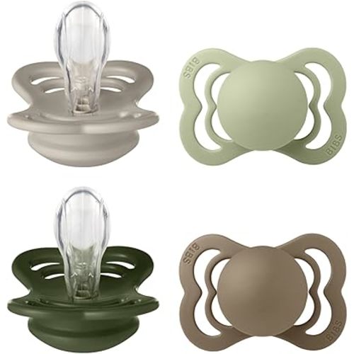 BIBS Supreme Soother 4-Pack, BPA Free Dummy Pacifier, Symmetrical Nipple. Silicone, Made in Denmark. Size 1 (0-6 Months), Sand/Sage/Hunter Green/Dark Oak