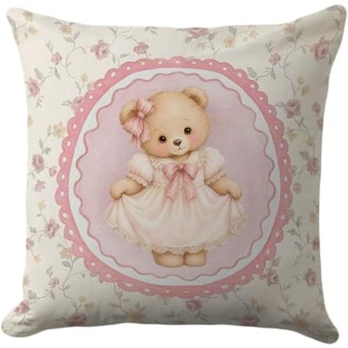 Pink Bear Throw Pillow Cover 18x18, Floral Bow Girls Room Decor
