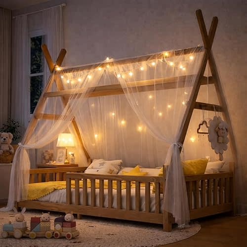 OYUMOENTS Twin Size Montessori Floor Bed,Tent-Shaped Montessori Bed with Fence & Light