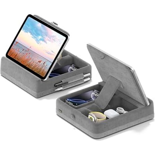 KDD Tablet Pillow Stand with Storage, Foldable iPad Holder for Bed, Lap and Desk, Angle Adjustable Soft Pad Dock with Stylus Mount Compatible with Ipad Pro 12.9, 10.5, 11, Air, Mini, Phones, Books