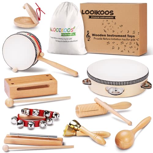 LOOIKOOS Toddler Musical Instruments Montessori Natural Wooden Percussion Instruments for Kids Preschool Educational Musical Toys Set for Boys and Girls with Storage Bag