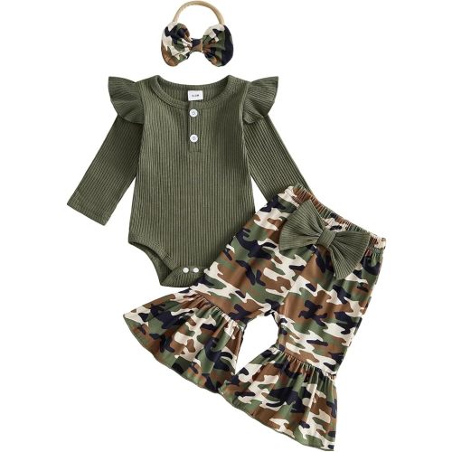 fhutpw Newborn Baby Girl Clothes Rib Frill Romper Daisy Flared Pants Set