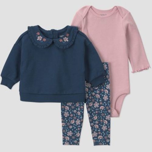 Carter's Just One You® Baby Girls' 3pc Floral Collar Sweatshirt, Long Sleeve Bodysuit and Leggings Set - Navy Blue 6M
