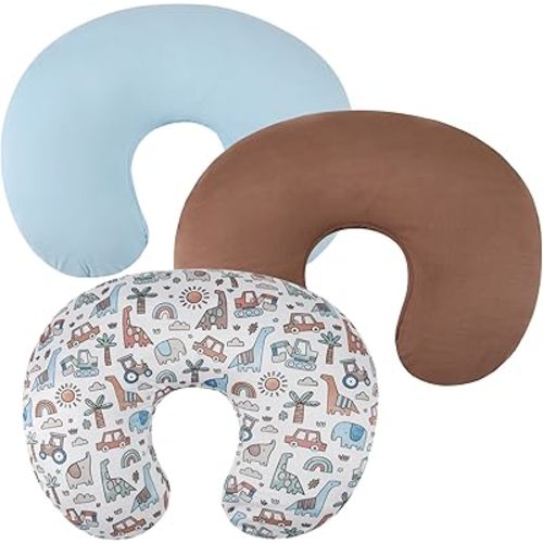 Nursing Pillow Cover Set 3 Pack Nursing Pillow Slipcovers for Moms Breastfeeding Moms, Ultra-Soft Stretchy Fit Standard Nursing Pillows Light Blue/Brown/Car