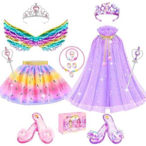 Jeowoqao Princess Dress Up Clothes for Little Girls, Dress Up Shoes Pretend Play Unicorn Mermaid Costumes, Tutu Skirt, Princesss Cape Crown Wand Accessories Toys Gifts for Girl Kids3 4 5 6