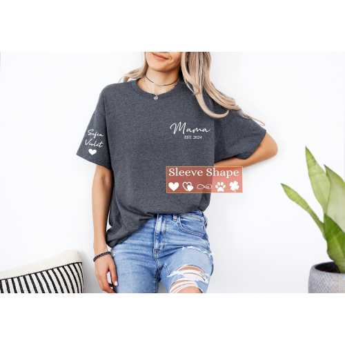Personalized Mama Shirt with Kids Names, Custom Mom T shirt, Est Date Mama T-Shirt, Mother's Day Gift for Her New Mom Childs Names on Sleeve