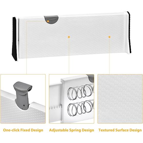 JONYJ Drawer Dividers Organizer 5 Pack, Adjustable Separators 4" High Expandable from 11-17" for Bedroom, Bathroom, Closet,Clothing, Office, Kitchen Storage, Strong Secure Hold, Foam Ends（White）