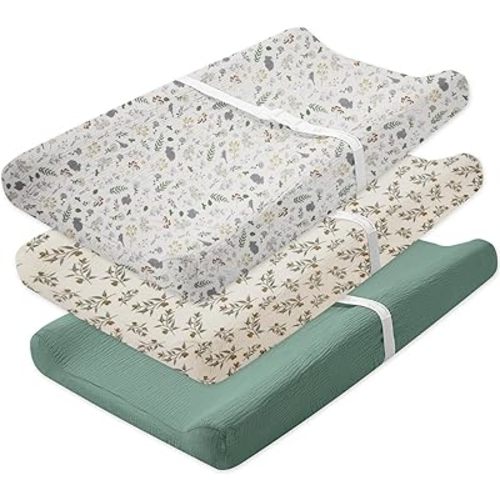 3 Pack Muslin Changing Pad Cover, Solid Changing Table Pad Cover, Soft Breathable Double Layer Boho Changing Pad Sheets Fit for Standard Changing Pad 16" x 32" (Green & Forest & Leaves)
