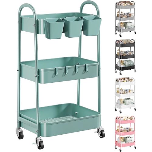 3 Tier Khaki Metal Rolling Cart on Wheels, Three Tiered Storage Roller Cart with Lockable Wheels, Beige Utility Trolley Carts Organizer with Shelf for Laundry, Dorm, Craft, Art,Baby Diaper Caddy,Snack