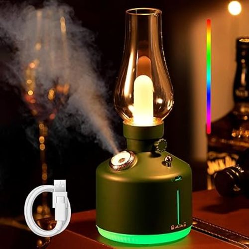 Bedroom Humidifiers,2-Gear Spray Adjusted 1200mAh Desk Humidifier,280ml Retro Humidifier with Color LED Night Light and Endless Dimming Kerosene Lamp,Suitable for Home,Office,Yoga & Nursery (Green)