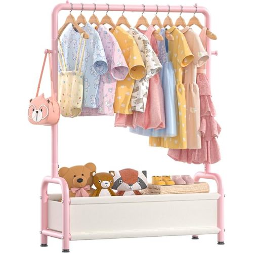 Kids Clothing Rack with Storage Shelf, Kids Dress Up Rack Storage for Coats, Small Baby Garment Rack for Hanging Clothes, Toddler Wardrobe Closet Organizer for Kids (Classic, Pink)