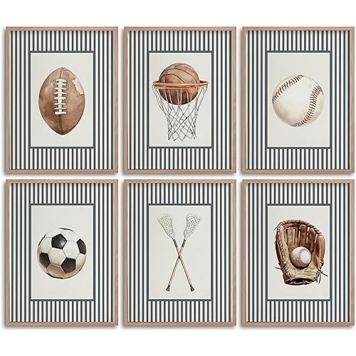 BVVEYKXX 6Pcs Vintage Sport Themed Framed Wall Art Retro Ball Sport Boy's Room Wall Decor, Children's Room Baseball Football Soccer Basketball Canvas Prints Picture for Kids Room Nursery Decor 12x16in