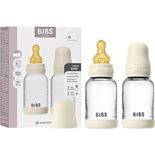 BIBS Baby Glass Bottle 2-Pack 120 ml. Anti-Colic. Vented Round Natural Rubber Latex Nipple. Supports Natural Breastfeeding, Complete Set - 120 ml (Pack of 2), Ivory