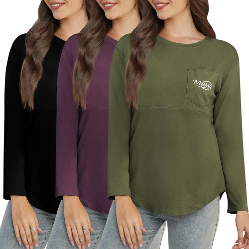 Women's Nursing Tops Long Sleeve 3 Pack Pregnancy Breastfeeding Shirts with Hidden Zipper Maternity Tees with Pocket