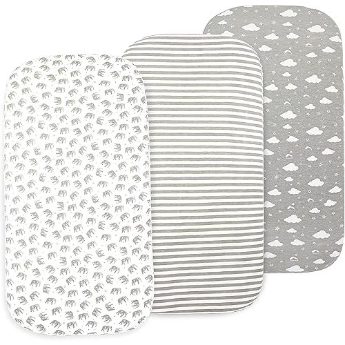 Baby Bassinet Sheet Set for Boy and Girl, 3 Pack Organic Jersey Cotton Universal Fitted Bedding Cover for Oval, Hourglass & Rectangle Bassinet Mattress, Fitted Sheets Size 32 x 16 x 4 Inches