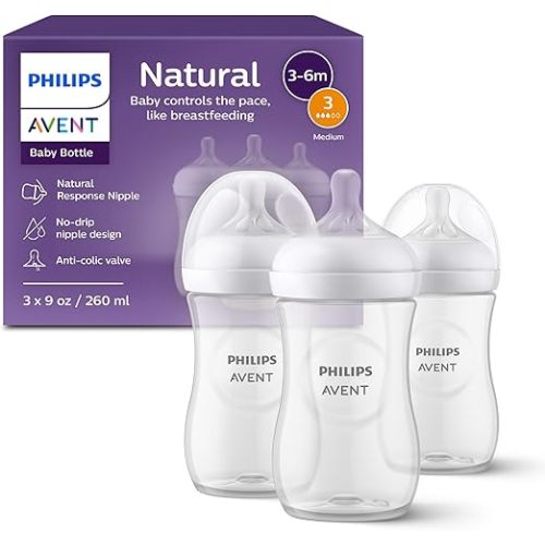 Philips Avent Natural Baby Bottles with Natural Response Nipples (Medium Flow, Flow 3), 9oz, 3-pack, SCY903/03