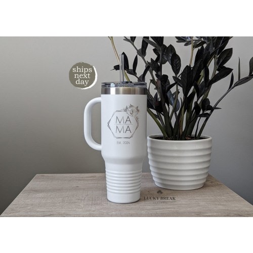 Mama Floral 40oz Travel Mug Tumbler Custom Personalized Laser Engraved Stainless Steel Mug Cup | SHIPS NEXT DAY!