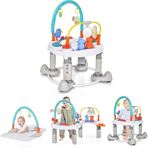 INFANS Baby Bouncer Activity Center, 5 in 1 Toddler Bouncing Activity Saucer Playtime Mat Activity Table with 360°Rotating Seat, 3 Adjustable Height, Foldable Exersaucer Learning Walker (Light Grey)