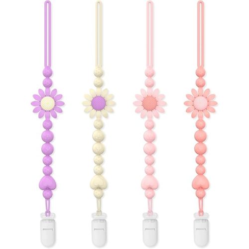 Pacifier Clip, 4 Pack Silicone Pacifier Clip with One Piece Design for Newborn Boys and Girls, Floral Patterns Pacifier Holder Clip Fits for Most Pacifier, Baby Teethers, Baby Shower
