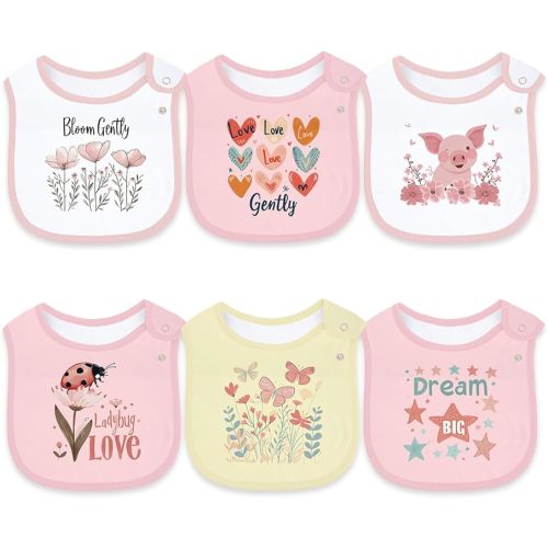 Maiwa 6 Pack Cotton Baby Bibs for Girls Boys with Waterproof layer for Drooling Eating teething with Snaps