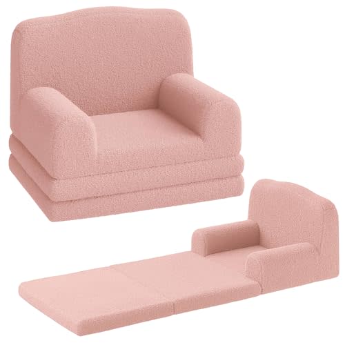 GarveeHome Kids Couch, 2-in-1 Comfy Toddler Couch Fold Out, Convertible Sofa to Lounger Foam Kids Chair with Soft Sherpa, Gift for Girls and Boys (Pink Crown)