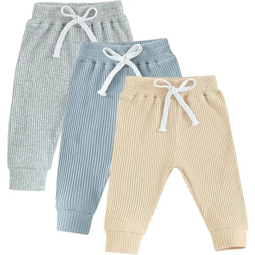Pivanzore Toddler Baby Boys Girls Sweatpants 3 Pack Solid Color Elastic Waist Bottom Pants Newborn Infant Trousers