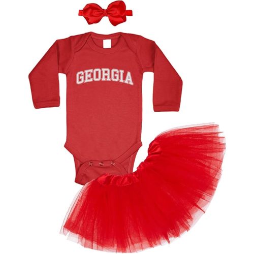 Haase Unlimited Georgia - State Proud Strong Pride Sports Baby Bodysuit + Tutu Skirt + Bow Headband Set