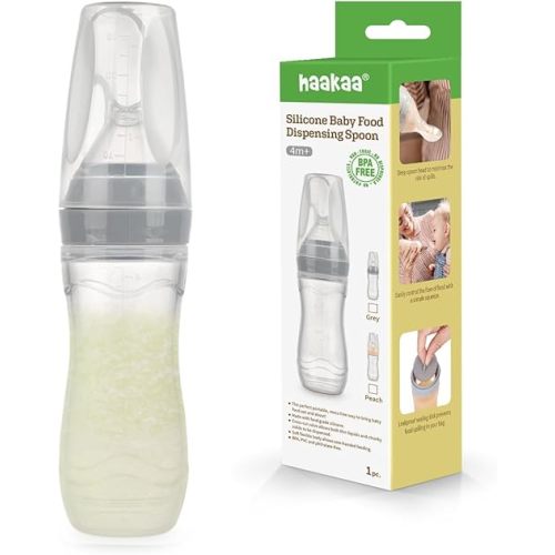 Haakaa Silicone Baby Food Dispensing Spoon Feeder 4oz - Infant Squeeze Cereal Feeder, Baby Fresh Food Feeder, Feed Bottle for Puree, Solid Baby Food, BPA Free, 4m+ Babies – Grey
