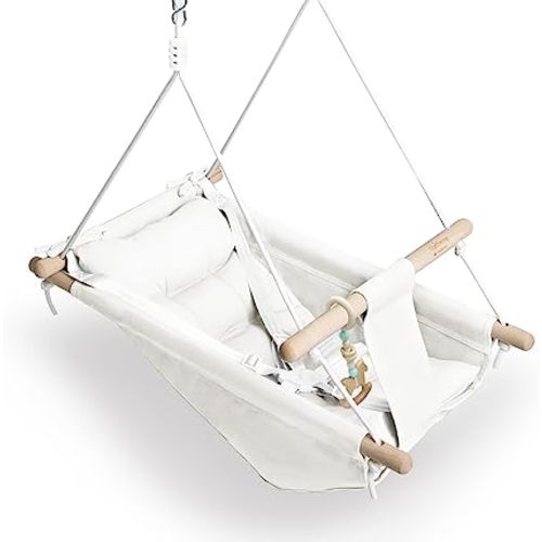 Baby Swing Indoor and Outdoor, Canvas Hammock Swing for Baby to Toddler with a Comfortable Seat, Macaroon Wooden Toy, Adjustable 5-Point Harness,Gift for Baby Boys Girls, 3 Modes, White