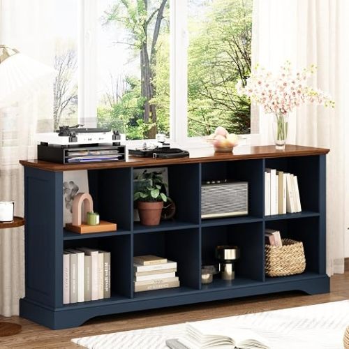 8 Cube Storage Organizer, 62" Long Horizontal Bookshelf,Navy Blue
