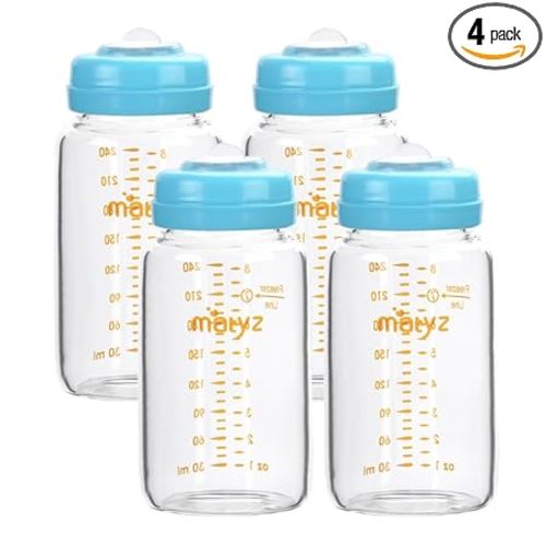 Matyz Glass Breastmilk Storage Bottles, 4 Pack, 8 oz, Sturdy Glass Bottle for Milk Freezing and Baby Feeding - Large Pumping Bottle for Philips Medela Spectra Breast Pumps - No BPA (Blue Lids)