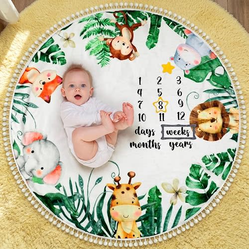 Peryiter Baby Monthly Milestone Blanket 43.3" x 43.3" Safari Jungle Animals Leaf Newborn Play Mat Flannel Round Baby Blankets with Growth Chart Pompom Ball for Boy Girl Nursery Decor Props Shower Gift