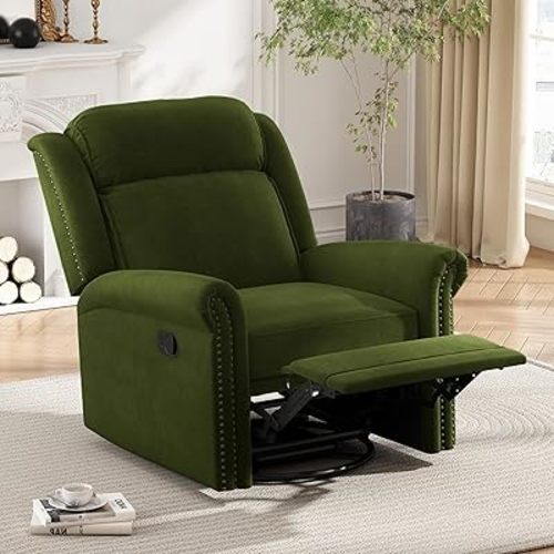 360° Swivel Recliner Chair with Adjustable Backrest, Manual Rocking Recliner Home Theater Manual Recliner Chair with Metal Base and Velvet Fabric for Living Room (Green, 2)