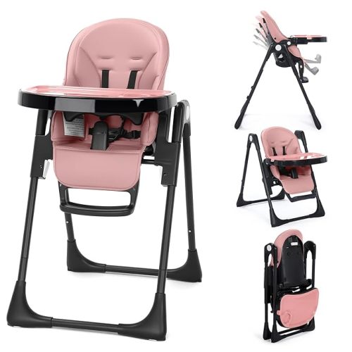 Kinder King Convertible High Chair for Babies & Toddlers, Adjustable Baby Feeding High Chair with Removable Double Tray, Simple Compact Fold for Space-Saving, 2 Built-in Wheels, Easy to Clean, Pink