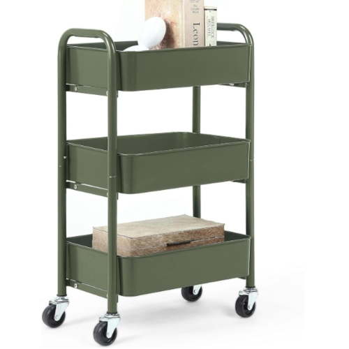 SunnyPoint 3-Tier Delicate Compact Rolling Metal Storage Organizer - Mobile Utility Cart Kitchen/Under Desk Cart with Caster Wheels - Army (15.35" X 10.24" X 26.8"H)