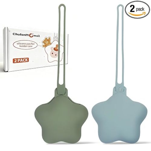 ChufanMomsil Silicone Pacifier Holder Case, Pacifier Pouch Storage Case for Diaper Bags, Cute Silicone Pacifier Holders for Newborn Baby Boy Girl, 2 Pack Stars, Green + Blue