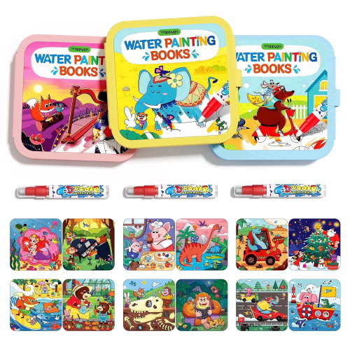 Timetome Reusable Water Painting Book - 3 Pack Magic Watercolor Books with Water Pens, 30 Coloring Book Pages for Kids Fairy Tale, Animal & Dinosaur Themes | No Mess Paint & Reusable Fun for Ages 3+