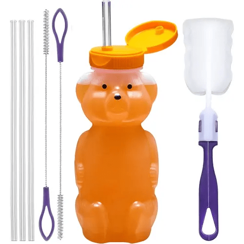 Special Supplies Honey Bear Straw Cup Long Straws, Squeezable Therapy and Special Needs Assistive Drink Container, Spill Proof and Leak Resistant Lid (Pack of 1 Bottle and 3 Straws)