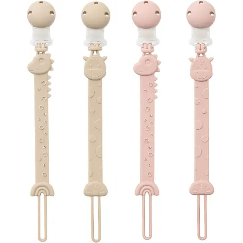 Pacifier Clips for Baby Boys Girls, One-Piece Silicone Pacifier Holder Strap 4 Pack, Binky Paci Clips Animal Rainbow Design, Lightweight Break-Resistant, Dishwasher Safe-Ivory+Blush