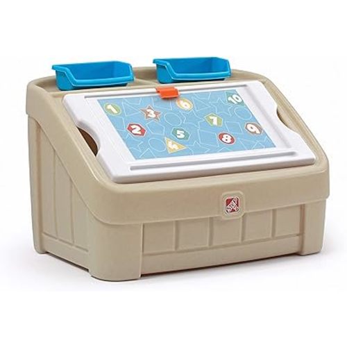 Step2 2-in-1 Toy Box & Art Lid, Kids Toy Storage Bin & Organizer, Easel & Chest in One, Made of Durable Plastic, For Toddlers 2+ Years Old, Tan