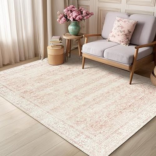 Vintage Pink Rug 4x6 Washable Non Slip Floral Aesthetic Indoor Rugs for Entryway Kitchen Low Pile Carpet for Laundry Room Bathroom Front Door Mat for Entrance 4 x 6