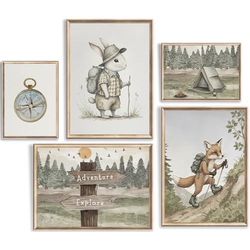 5Pcs Boy Adventure Nursery Wall Art Woodland Animals Prints Rabbit Fox Wall Decor Picture Watercolor Mountain Kids Canvas Posters for Classroom Baby Room Decoration Unframed (8x10in Poster)