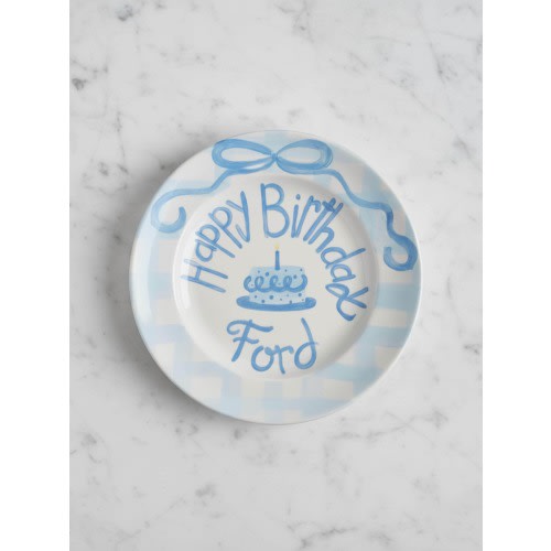 Custom Blue Birthday Plate,Hand Painted Ceramic Plate with Gingham Rim,Personalized with Child’s Name Cake,Kids Birthday Party Keepsake|P002