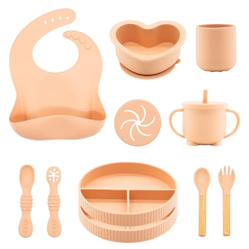 CHCC Silicone Baby Feeding Set 11 Pcs, Baby Led Weaning Supplies, Baby Feeding Supplies Set BPA Free, Baby Essentials for Newborn Gift Pink