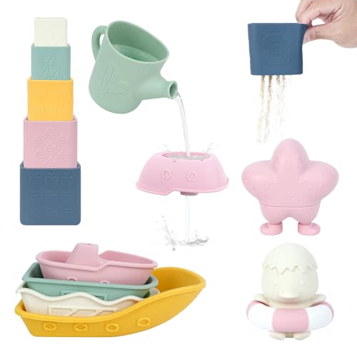 MCGMITT Baby Bath Toys for Kids Ages 1-3, 12 PCS Silicone Mold Free Bathtub Toys for 6-12 Months, Soft Stacking Cups & No Hole Duck & Floating Boats, Beach Sand Water Table Pool Toys for Toddlers